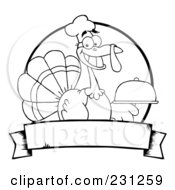 Royalty Free RF Clipart Illustration Of A Black And White Outline Of A Thanksgiving Turkey Bird Chef Holding A Platter Over A Blank Banner