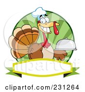 Poster, Art Print Of Thanksgiving Turkey Bird Chef Holding A Platter Over A Blank Banner - 4