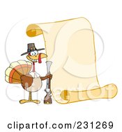 Poster, Art Print Of Happy Thanksgiving Turkey Bird Holding A Musket By A Blank Menu Scroll
