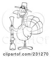 Royalty Free RF Clipart Illustration Of A Coloring Page Outline Of A Hunting Thanksgiving Pilgrim Turkey Bird With A Musket