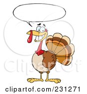 Royalty Free RF Clipart Illustration Of A Happy Thanksgiving Turkey Bird Smiling With A Word Balloon
