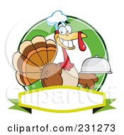 Poster, Art Print Of Thanksgiving Turkey Bird Chef Holding A Platter Over A Blank Banner - 2