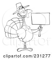 Poster, Art Print Of Coloring Page Outline Of A Thanksgiving Pilgrim Turkey Bird Holding A Blank Sign