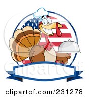 Poster, Art Print Of Thanksgiving Turkey Bird Chef Holding A Platter Over A Blank Banner - 3