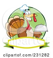 Poster, Art Print Of Thanksgiving Turkey Bird Chef Holding A Platter Over A Blank Banner - 1