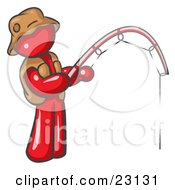 Red Man Wearing A Hat And Vest And Holding A Fishing Pole
