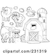 Digital Collage Of Coloring Page Outlines Of Farm Animals And A Barn With Granary