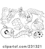 Royalty Free RF Clipart Illustration Of A Digital Colage Of Coloring Page Outlines Of Flowers And Bugs by visekart