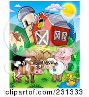 Poster, Art Print Of Barnyard Animals By A Fence Near A Barn And Silo Granary