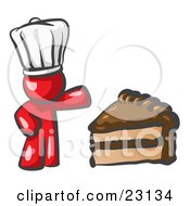 Poster, Art Print Of Red Chef Man Wearing A White Hat And Presenting A Tasty Slice Of Chocolate Frosted Cake