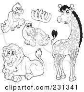 Digital Collage Of Coloring Page Outlines Of A Vulture Bones Tortoise Lion And Giraffe