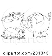 Poster, Art Print Of Digital Collage Of Coloring Page Outlines Of A Crocodile Hippo And Elephant