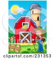 Poster, Art Print Of Female Farmer By A Barn And Silo Granary