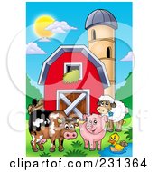 Poster, Art Print Of Royalty-Free Rf Clipart Illustration Of Barnyard Animals By A Barn And Silo Granary