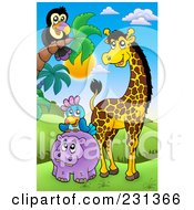 Poster, Art Print Of Hippo Parrot Giraffe And Toucan In An African Landscape