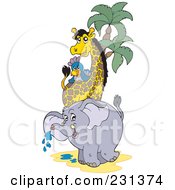 Royalty Free RF Clipart Illustration Of A Parrot Giraffe And Elephant By A Palm Tree