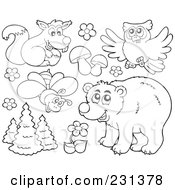 Poster, Art Print Of Digital Collage Of Coloring Page Outlines Of Forest Animals And Plants
