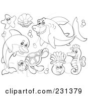 Digital Collage Of Coloring Page Outlines Of Sea Creatures - 2