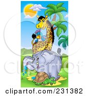 Poster, Art Print Of Tortoise Elephant Giraffe And Parrot In An African Landscape