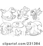 Digital Collage Of Coloring Page Outlines Of Sea Creatures - 1