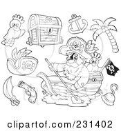 Royalty Free RF Clipart Illustration Of A Digital Collage Of Coloring Page Outlines Of Pirates And Items by visekart