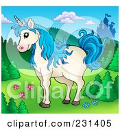 Poster, Art Print Of Blue Haired Unicorn Near A Castle