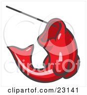 Clipart Illustration Of A Red Fish Jumping Up And Biting A Hook On A Fishing Line