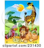 Royalty Free RF Clipart Illustration Of A Giraffe Vulture And Lion By A Rib Cage