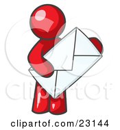 Poster, Art Print Of Red Person Standing And Holding A Large Envelope Symbolizing Communications And Email