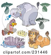 Royalty Free RF Clipart Illustration Of A Digital Collage Of Trees A Vulture Elephant Ribs Hippo And Lion