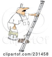 Worker Man Carrying A Paint Bucket Up A Ladder