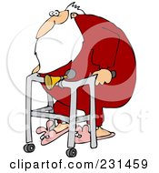 Santa Wearing Bunny Slippers And Using A Walker With A Horn Attached