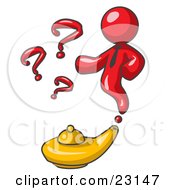 Clipart Illustration Of A Red Genie Man Emerging From A Golden Lamp With Question Marks