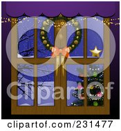Poster, Art Print Of Christmas Window With A Wreath And View Of A Christmas Tree And Winter Landscape