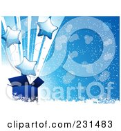 Poster, Art Print Of Blue Star Balloons Shooting Out Of A Blue Gift Box On Blue With Snow And Sparkles