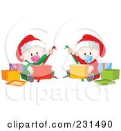 Poster, Art Print Of Royalty-Free Rf Clipart Illustration Of Cute Baby Twins Opening Christmas Presents