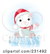 Poster, Art Print Of Cute Christmas Polar Bear Waving And Sitting On Ice In The Snow