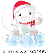 Poster, Art Print Of Cute Christmas Polar Bear Waving And Sitting On Ice