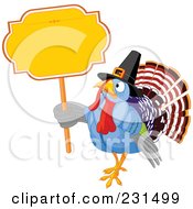 Poster, Art Print Of Thanksgiving Turkey Bird Wearing A Pilgrim Hat And Holding A Blank Yellow Sign