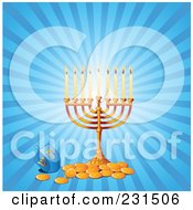 Poster, Art Print Of Hanukkah Menorah With Gold Coins And A Driedel On Blue Rays