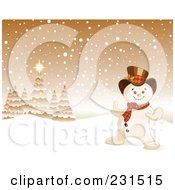 Poster, Art Print Of Happy Snowman In A Golden Christmas Winter Landscape