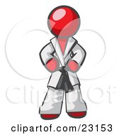 Poster, Art Print Of Tough Red Man In A White Karate Suit And A Black Belt Standing With His Hands On His Hips