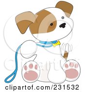 Poster, Art Print Of Cute Puppy Dog Wearing A Leash Sitting And Wagging His Tail