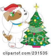 Poster, Art Print Of Cute Puppy Dog Decorating A Christmas Tree With Tennis Ball And Dog Bone Biscuit Ornaments