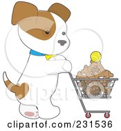 Royalty Free RF Clipart Illustration Of A Cute Puppy Dog Pushing A Shopping Cart Full Of Dog Bone Biscuits And A Tennis Ball