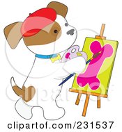 Poster, Art Print Of Cute Puppy Dog Painting A Dog Bone On Canvas