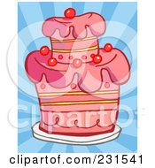 Royalty Free RF Clipart Illustration Of A Pink Birthday Cake With Cherries Over Blue Rays