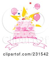 Poster, Art Print Of Pink Birthday Cake With A Cherry Star And Balloons