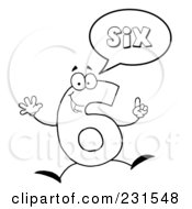 Royalty Free RF Clipart Illustration Of A Coloring Page Outline Of A Number Six Character Saying Six