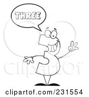 Royalty Free RF Clipart Illustration Of A Coloring Page Outline Of A Number Three Character Saying Three by Hit Toon